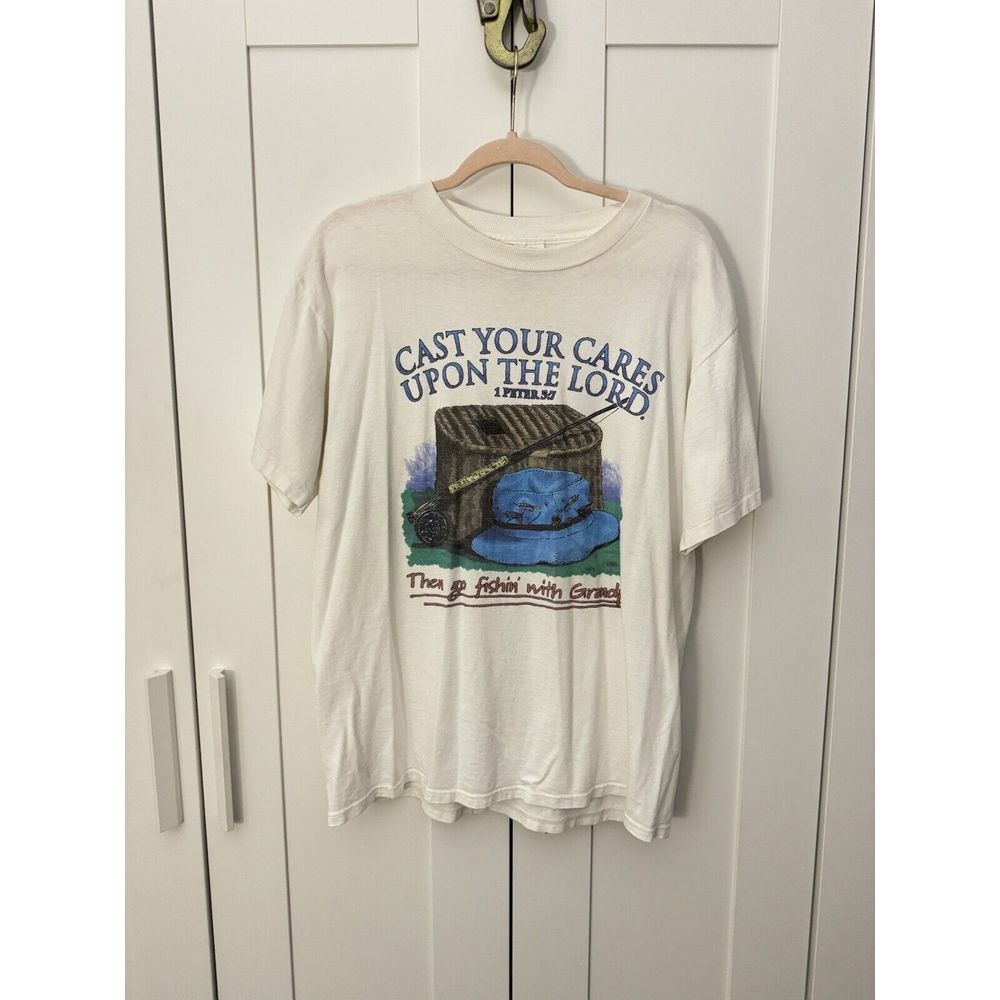 Vintage‎ Mens Tshirt H.L MILLER 1996 CAST YOUR CARES UPON THE LORD 1 Peter 5:7